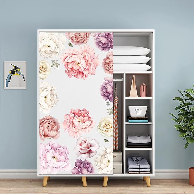 Large Floral Wall Decals, 15 Peonies Flower Set Stickers for Bedroom, Living Room, Nursery, Elegant Floral Decals for Home Decor, Boho Botanical Style