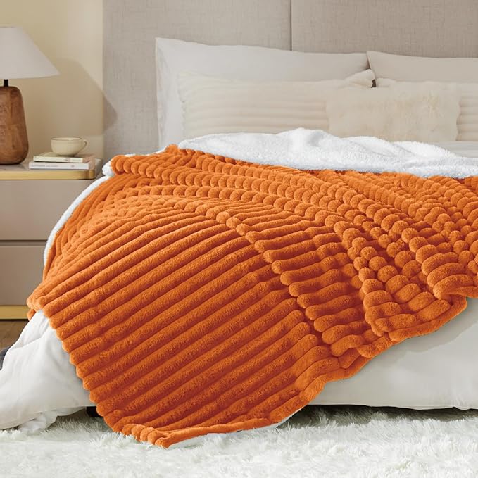 INFIIXSO Sherpa Throw Blanket for Couch - Super Soft & Warm Striped Fleece Blanket, Cozy Plush Fluffy Blanket All Season Use (Burnt Orange, 50x60 Inches)