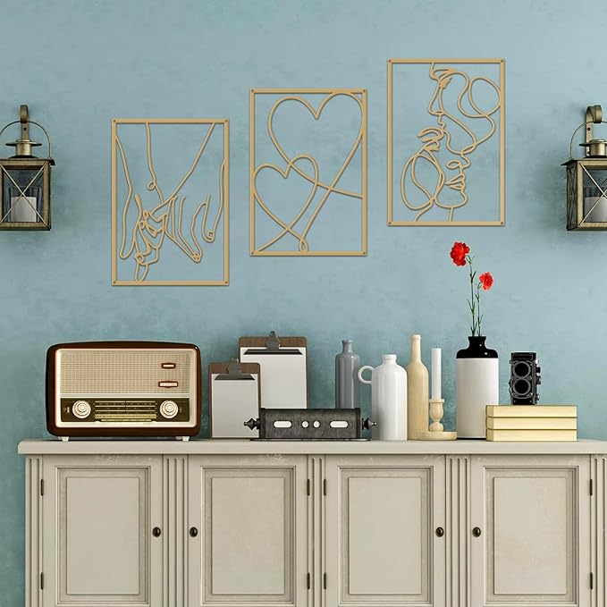 3 Pieces Metal Minimalist Line Wall Art, Valentine's Day Lover Kiss Hand Metal Wall Decor, Aesthetic Modern Home Hanging Wall Art Decor for Bedroom Bathroom Living Room (Gold)