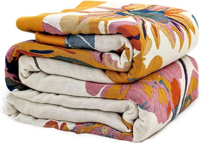 Boho Throw Blanket for Bed 50"x60", 100% Soft Cotton Bohemian Blankets with Rustic Floral Printed Decor, Spring Throw Blanket for Couch Cozy Breathable King Size All Season