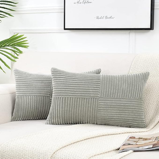 Fancy Homi 2 Packs Grey Long Lumbar Decorative Throw Pillow Covers 16x24 Inch for Couch Bed Sofa, Rustic Farmhouse Boho Home Decor, Soft Striped Corduroy Rectangle Accent Cushion Case 40x60 cm