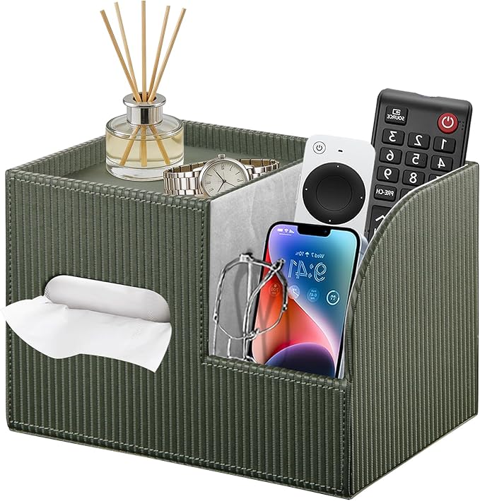Fanousy Modern PU Leather Cube Tissue Box Cover with Storage Tray, Multifunctional Remote Control Holder & Facial Tissue Dispenser Organizer for Nightstand, Bathroom, Bedroom, Office & Home Decor
