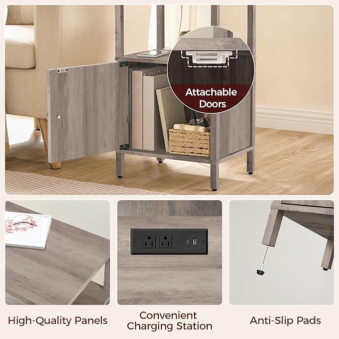 Farmhouse Nightstand with Charging Station, Greige Bedside Table with USB&Type-C Ports and Outlets, End Table with Storage, Night Stand for Bedroom, Greige ETGY96E01