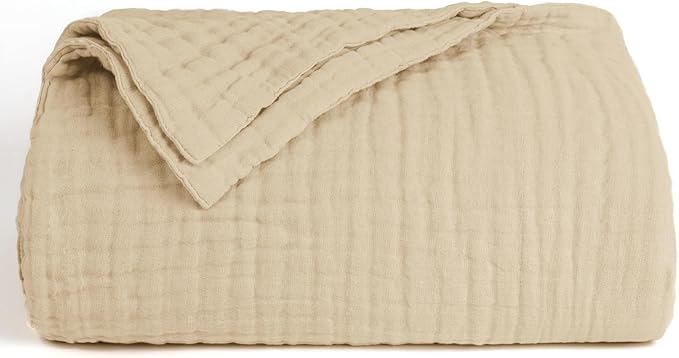 Love's cabin 100% Cotton Muslin Blanket, 6 Layer Lightweight Breathable Gauze King Size Blanket 108 x 90 Inches, Soft Summer Blanket for Bed, Khaki