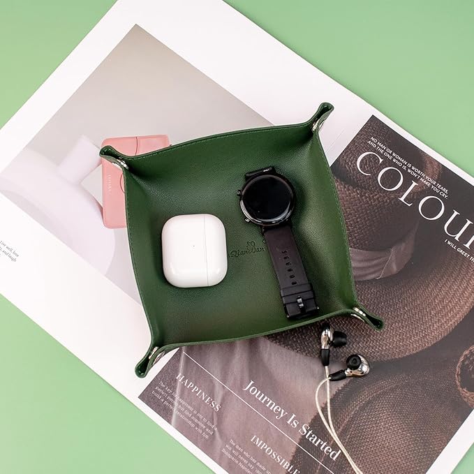 SANQIANWAN PU Leather Arc Edge Jewelry Valet Tray for Man and Women, Portable Mini Entryway Table Tray Bedside Nightstand Desk Tray Small Travel Dish Plate for Key,Wallet,Watch,Coin (DarkGreen)