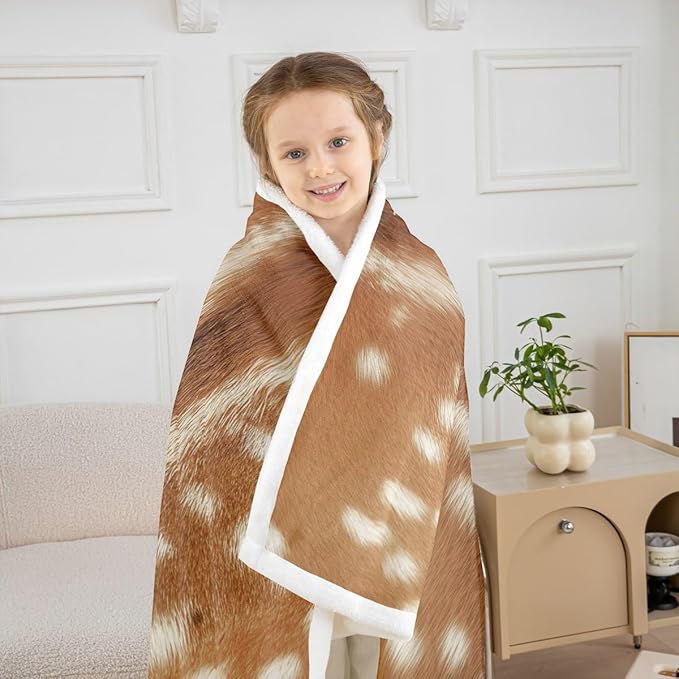 (Not Real Fur) Deer Hunting Fleece Blanket Throw 50"X60",Orange Brown Deer Hide Pattern Throw Sherpa Blanket Simulated Animal Fur Printed,Soft Lightweight Blankets for Bed Couch,Photograph Style