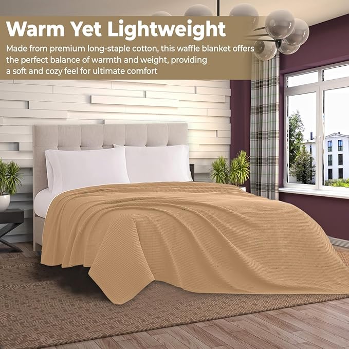 100% Cotton Blankets for Bed - Waffle Weave Blankets for Summer, Lightweight and Breathable Soft Woven Blanket for Spring (Beige, Throw (50" x 60"))