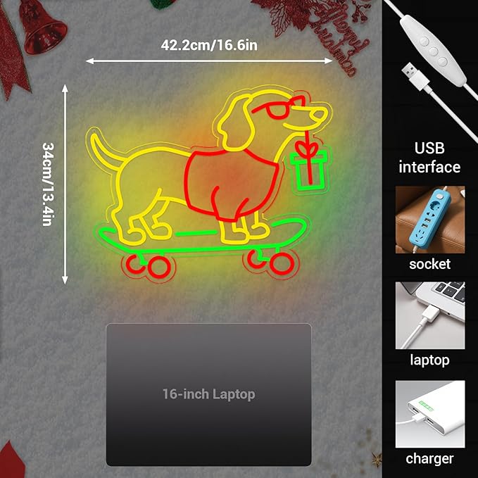 Christmas Led Sign, Gift for Dachshund Women, Dimmable Dog Lover Gift for Christmas Decorations USB Powered 16.6x13.4in