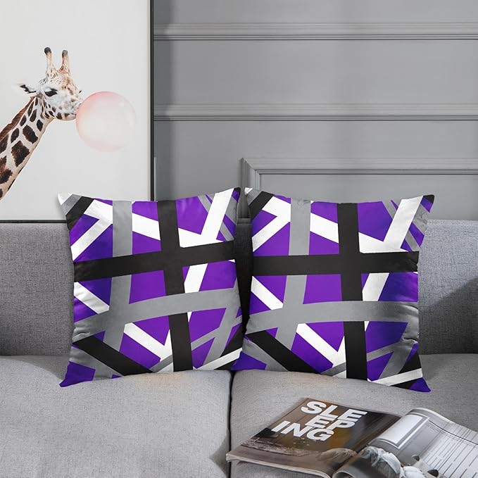 Emvency Set of 2 Throw Pillow Cover Purple Black Stripes Grey White Design Retro Decorative Pillow Case Striped Home Decor Square 18x18 Inch Cushion Pillowcase
