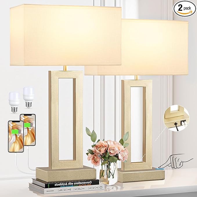 Seealle 22" Tall Bedroom Lamps for Living Room - Touch Gold Bedside Lamps with USB C+A, 3 Way Dimmable for Nightstand, Modern Night Stands for End Tables (White & Gold)