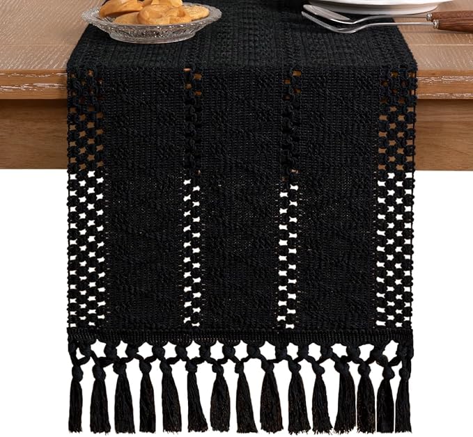 Socomi Boho Table Runner Macrame Long Easter Spring Farmhouse Woven Cotton Linen Rustic Coffee Table Runner with Tassels for Dresser Scarf Home Decor Dining Room 12x108 inch Black