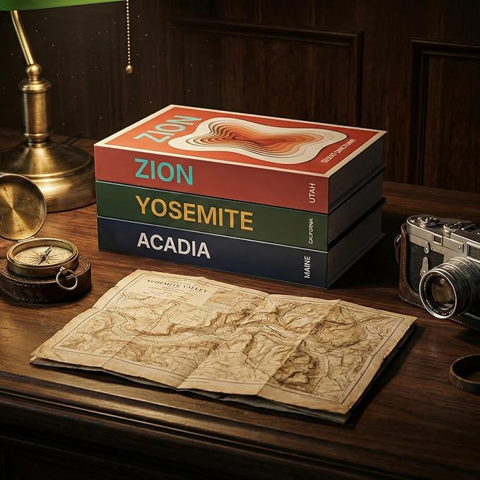 Gifts for Travelers & Hikers - National Park Decorative Books with Storage (Zion, Yosemite, Acadia) - Vintage Travel Decor Memory Box for Keepsakes, Coffee Table & Shelf Display (Set of 3)
