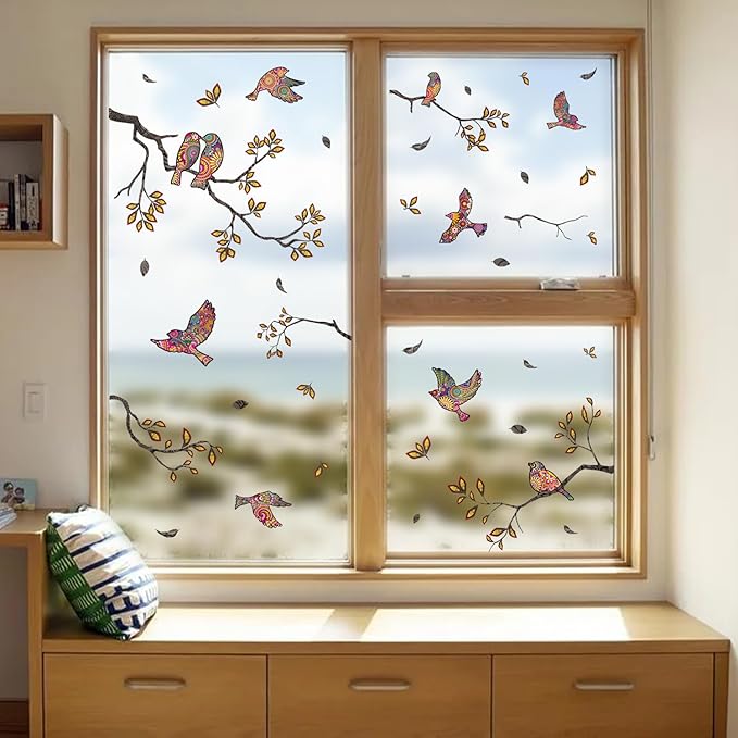 HLNIUC Chinoiserie Birds on Branches Window Clings 35”x12”Tree Branch and Bird Wall Decals in Colorful Flower Pattern Spring Summer Hummingbird Room Sticker DIY Floral Bird Wall Stickers for Bedroom