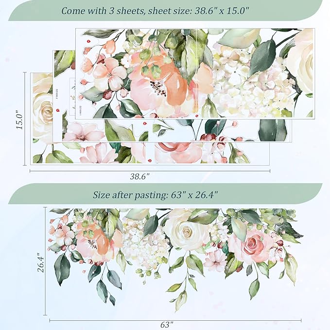 Flowers Leaves Wall Decals Peel and Stick, Large Floral Flowers Wall Stickers, Removable Vine Home Decor Art for Bedroom Living Room Classroom Office