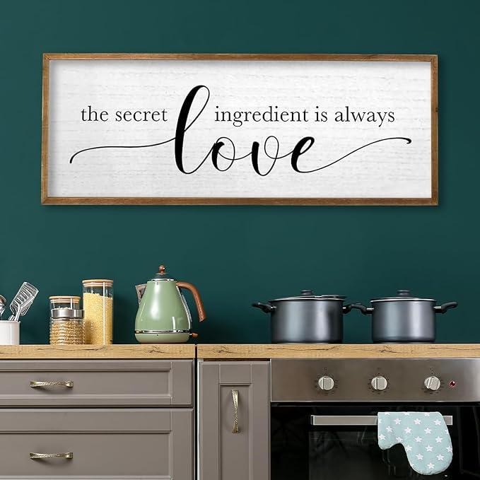TQianJiang Kitchen Wall Decor The Secret Ingredient Is Always Love Sign 40"×15" Heartwarming Quote for Dining Room Mother's Day Large Farmhouse Rustic Wood Framed Wall Plaque Hanging Art (Wood)