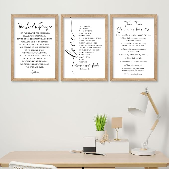 comurdyo Christian Bible Verse Wall Art 24"×16" Set of 3 Positive Religious Minimalist Quotes Sign for Rustic God Jesus Christ Prayer Inspirational Catholic Scripture Decor Wood Framed Hanging (Wood)