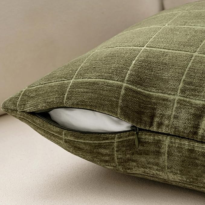 MIULEE Decorative Chenille Check Throw Pillow Covers Vintage Plaid Couch Pillows 18x18 Inch Set of 2 Neutral Boho Farmhouse Cushion Covers Modern Home Decor for Sofa Bed Living Room Olive Green