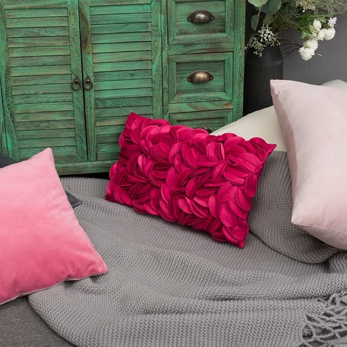 KINGROSE 3D Flower Cushion Cover Home Decorative Throw Pillow Cover Rectangular Pillowcase Sham for Couch Bed Living Room Sofa 12 x 20 Inches Velvet Rose Red
