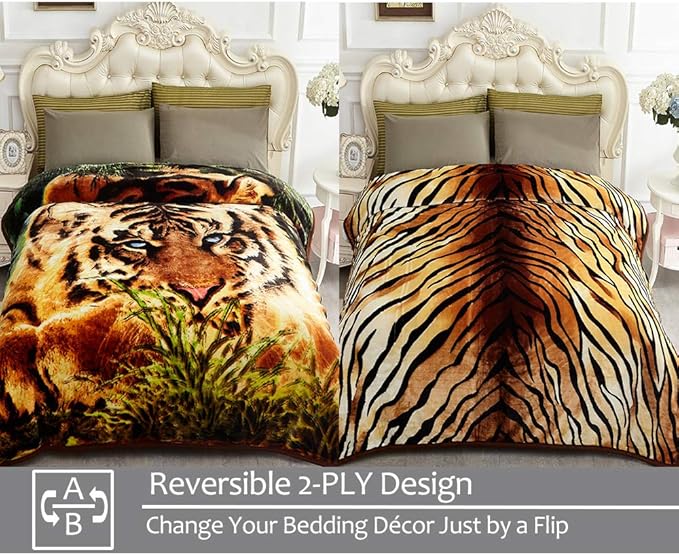 JYK Korean Faux Mink Fleece Blanket 75”x87” and 5 LB Mink Blanket - 2 Ply Reversible 520GSM Silky Soft Plush Warm Blanket for Autumn Winter, A&B Pattern (Queen, Tiger/Tiger Stripes)