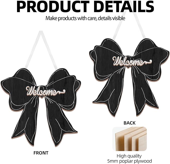 Black Bow Decor Hanging Sign Cute Coquette Bow Decoration Double-sidedWooden Bowknot Welcome Door Sign for Preppy Room Wall Home Bedroom Fall Halloween Indoor Outdoor Porch