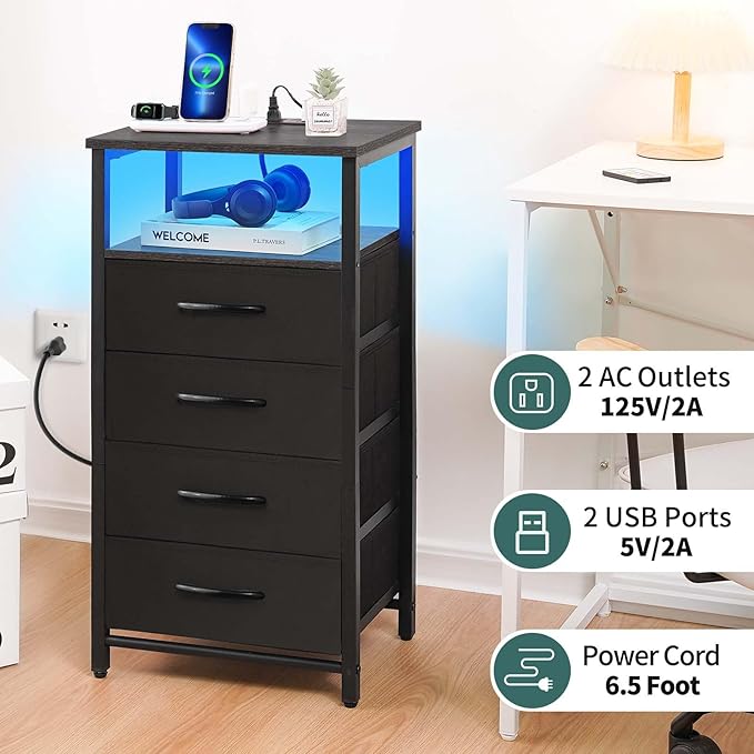 Yoobure Night Stand - LED Nightstand with Charging Station, Bedside Table with 4 Fabric Storage Drawers and Storage Shelf, End Table with USB Ports and Outlets, Tall Dresser for Bedroom