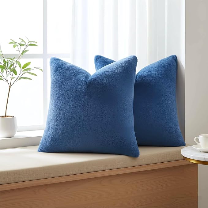 Pallene Faux Fur Plush Lumbar Throw Pillow Covers 12x20 Set of 2, Soft Fluffy Couch Pillow Covers for Living Room, Navy Blue