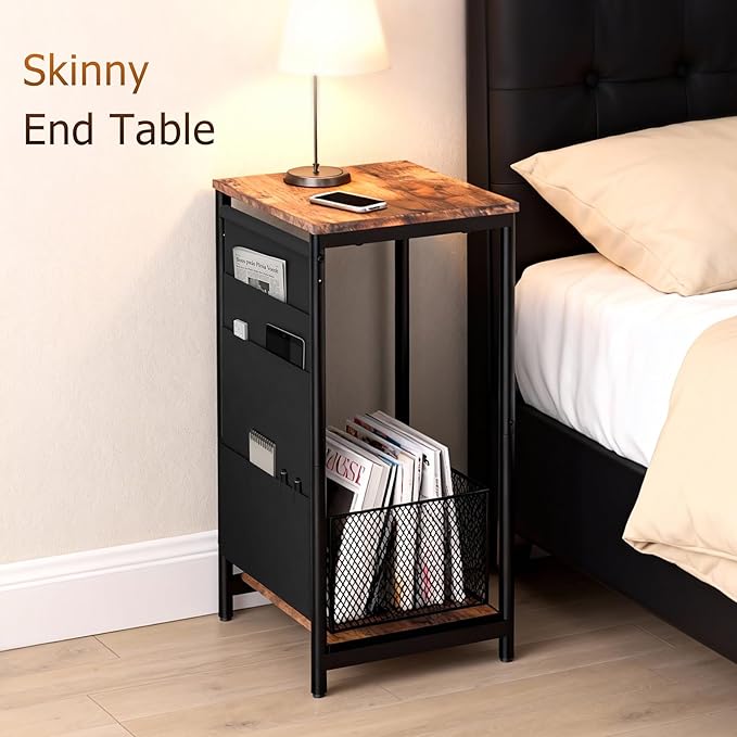 Small Narrow Side Table,Slim End Table with Storage Pockets for Small Spaces,Living Room,Bedroom,Sofa Couch,Office,Skinny Nightstands with 2 Tiers Open Storage,Rustic Brown