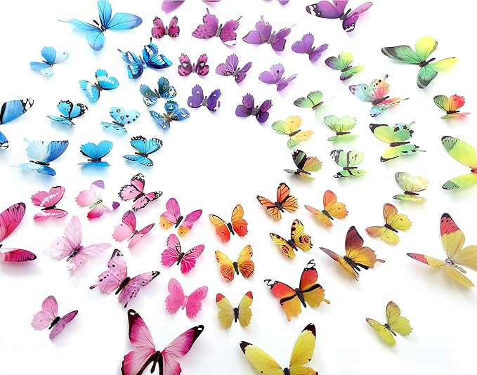 60pcs Butterfly Wall Decor, Plastic Fake Butterflies Wall Art Artware Decorations for Birthday Wedding Christmas Party Decorations, Cake Decorations, Removable Stickers