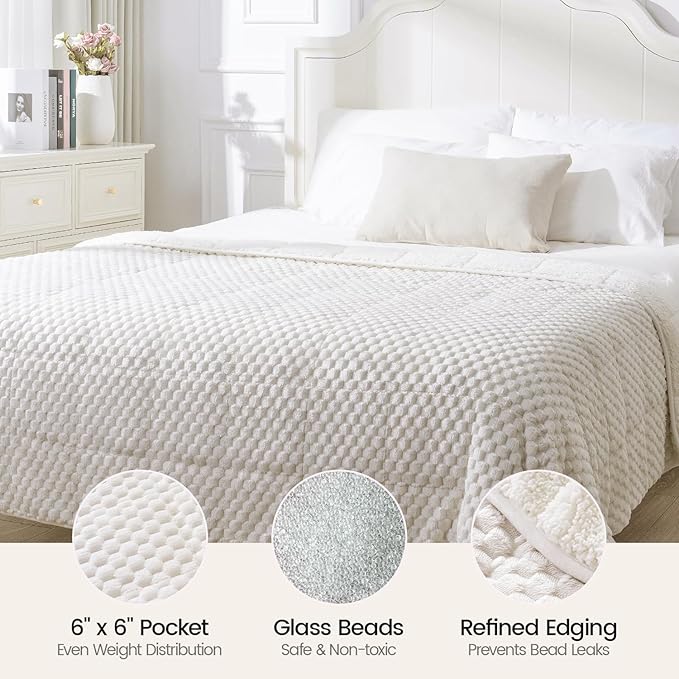 Super Fuzzy Soft Fleece Sherpa Weighted Blanket 15 lbs for Adults, 3D Imitation Turtle Shell Luxury Weighted Throw for Better Sleep, Dual Sided Cozy Blankets for Couch Bed, Cream White, 48" x 72"