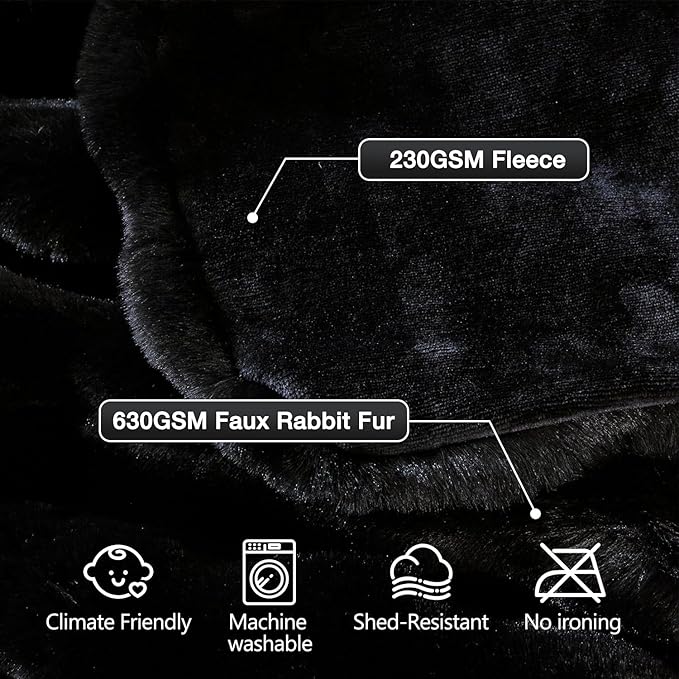 Black Fluffy Thick Fur Throw Blanket 50x60 for Bed Couch Office Chair Bunny Soft Blanket for Adults Gift Home Living Room Decorative Decor 860 GSM
