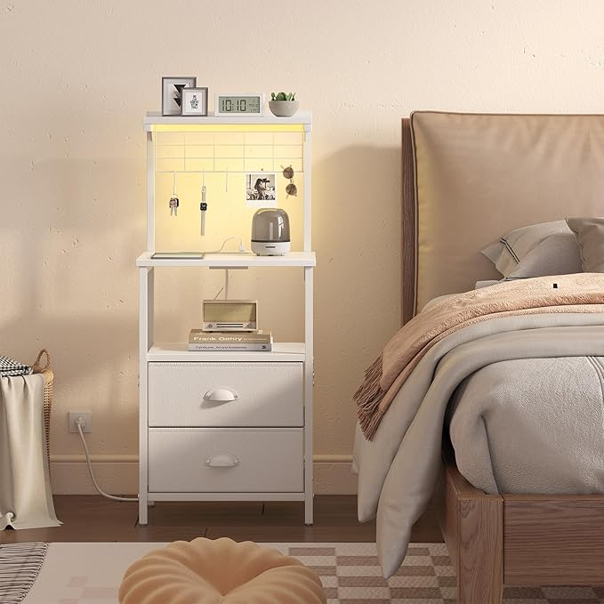 Tall Nightstands with Charging Station, LED Night Stand Bedsides with 2 PU Finish Fabric Drawers,Hooks,USB Port and Oepn Storage Shelves,Tall End Table Bedside for Bedroom,Office, White