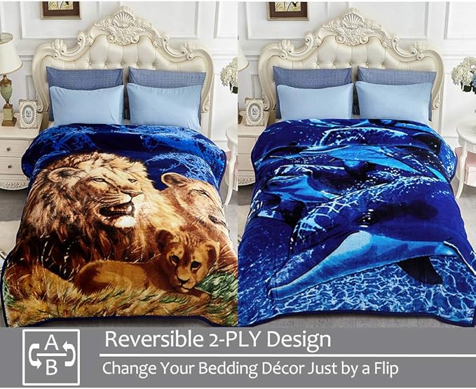 JYK Soft Fleece Bed Blanket Queen Size Dolphin/Lion - 520GSM Fuzzy Cozy Luxury Warm Blanket Microfiber, 2 Ply Reversible A&B Pattern Room Home Decor Christmas Decorations, 75" x 87 inches, 5 LB