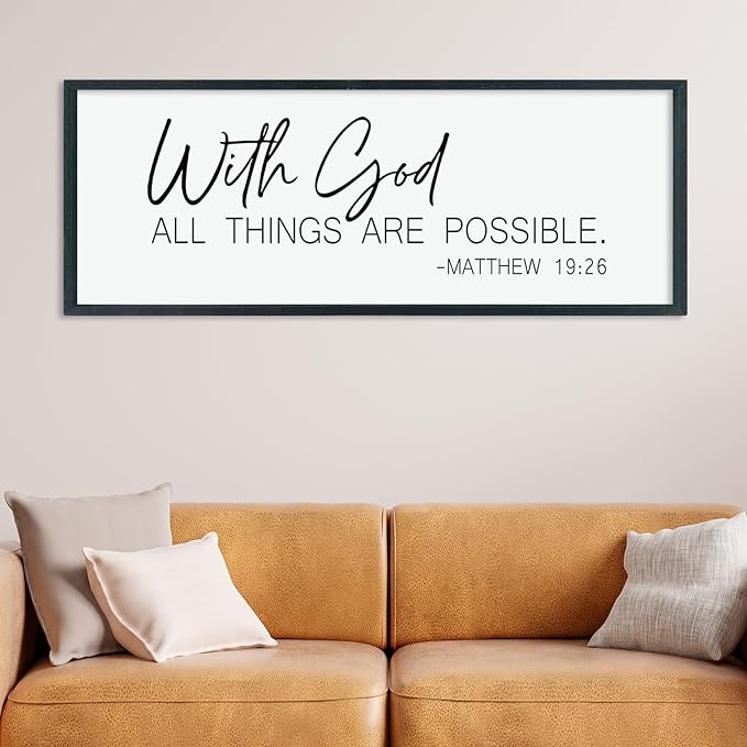 LuZhiQiang Christian With God All Things Are Possible Wall Decor 40"×15" Religious Home Bible Verse Sign Inspirational Print for Living Room Large Wood Framed Catholic Wall Art Hanging (Black)