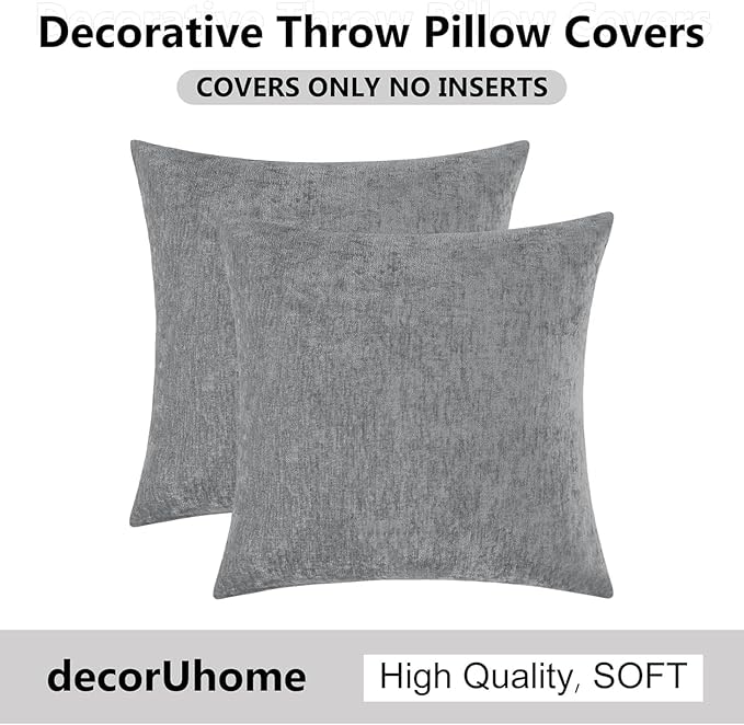 decorUhome Chenille Dark Grey Throw Pillow Covers 24x24 Inch Set of 2, Decorative Soft Couch Pillow Covers Solid Dyed Accent Velvet Farmhouse Neutral Square Pillow Cases for Sofa Bed Living Room