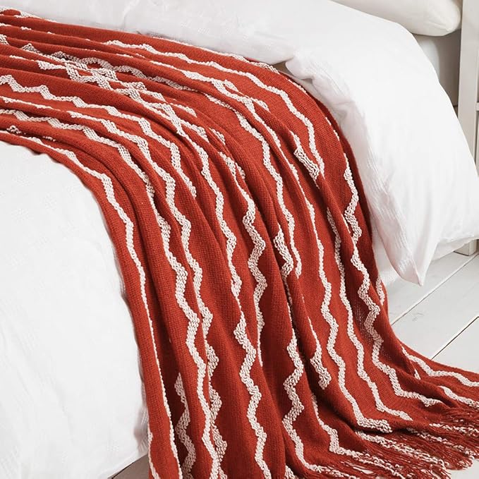 BOURINA Fluffy Chenille Knitted Fringe Throw Blanket Lightweight Soft Cozy for Bed Sofa Chair Throw Blankets, Rust 50" x 60"