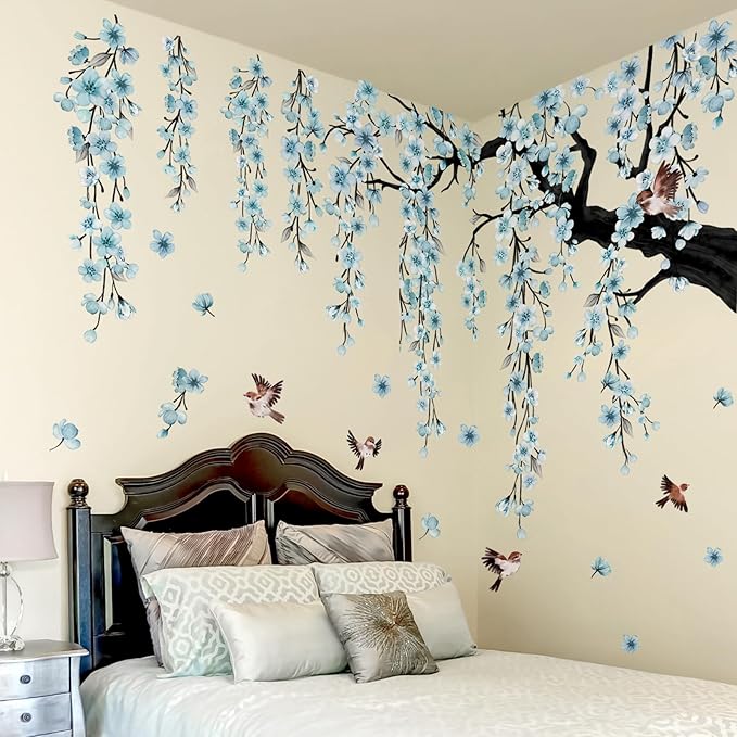 Large Cherry Blossom Tree Wall Stickers,4 Sheets Spring Blue Flower Bird Wall Decals Peel and Stick Waterproof Wall Murals Decor for Living Room Bedroom (Blue, 11.8 * 35.4inch)