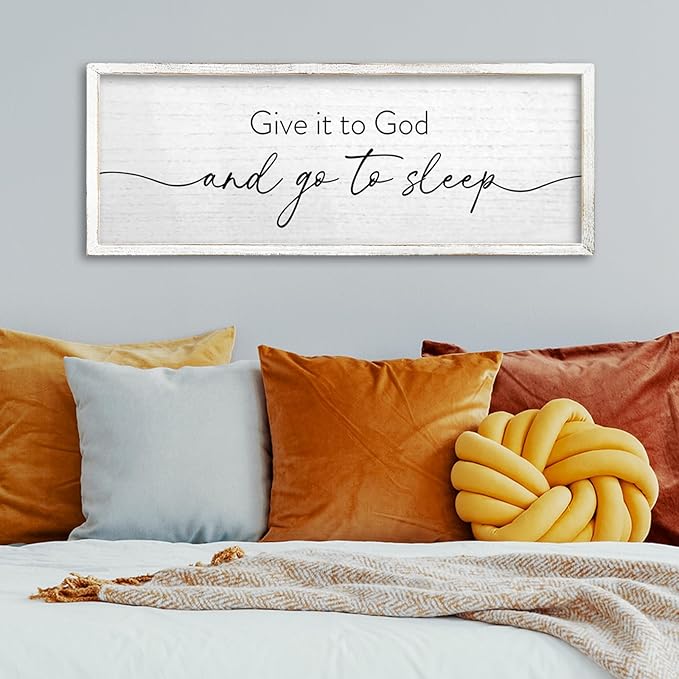 TQianJiang Give It To God And Go To Sleep Wall Decor Sign 24"X10" for Master Bedroom Above Bed Large Wood Framed Wall Art Hanging (White)