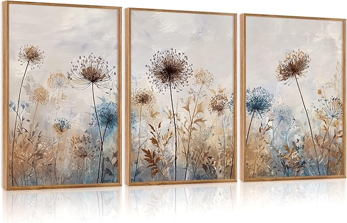 CHDITB Dandelion Wall Art Framed Canvas Wall Art Set Of 3, Dandelion Picture for Living Room, Vintage Wildflower Artwork Botanical Wall Decor, Nature Floral Art Prints for Bedroom Home Decor (12x16 Inch)