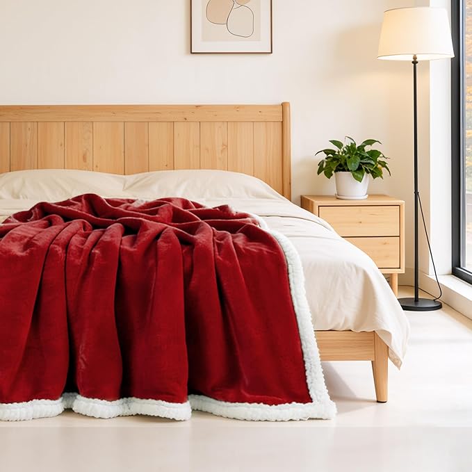 BEAUTEX Sherpa Fleece Throw Blanket Twin Size for Couch - Thick and Warm Blanket for Winter, Fluffy Flannel Plush Twin Blanket, Fuzzy Wine Cuddle Blankets for Couch Bed Sofa (60" x 80", Wine)