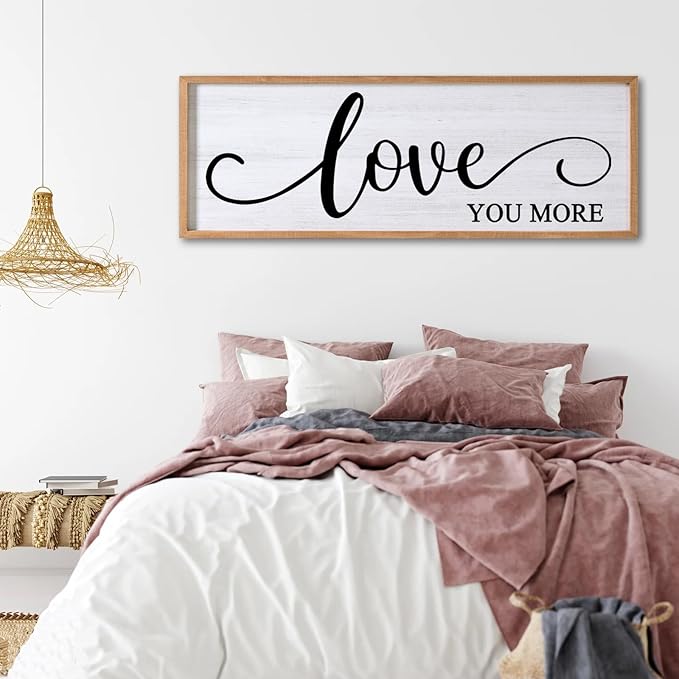 Love You More Decorative Rustic Sign & Plaque Framed Wall Art for Couples, 40''×15'' Vintage Cottagecore Wooden Horizontal Love Quote Home Decor Above Bed for Living Room, Farmhouse Wedding Gift