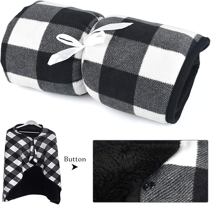 forestfish Fleece Wearable Blanket, Plaid Lap Blanket Comfy Poncho Throw with Buttons for Bed Sofa Office, Black-White