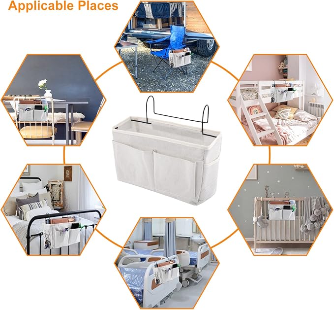 Surblue Bedside Caddy Bedside Storage Bag Hanging Organizer for Bunk, Hospital Beds, Dorm Rooms Bed Rails Camp 4 Pockets and 2 Hooks (White)