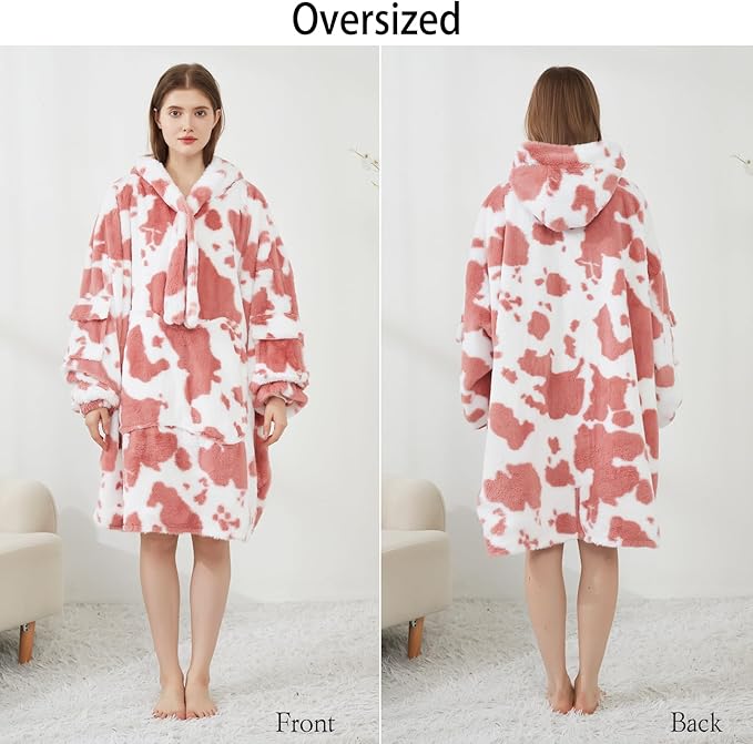 Softan Blanket Hoodie, Oversized Fleece Wearable Blankets for Women and Men Gifts, Cozy Warm and Soft Sweatshirt Blanket with Large Pocket, Pink Cow Print
