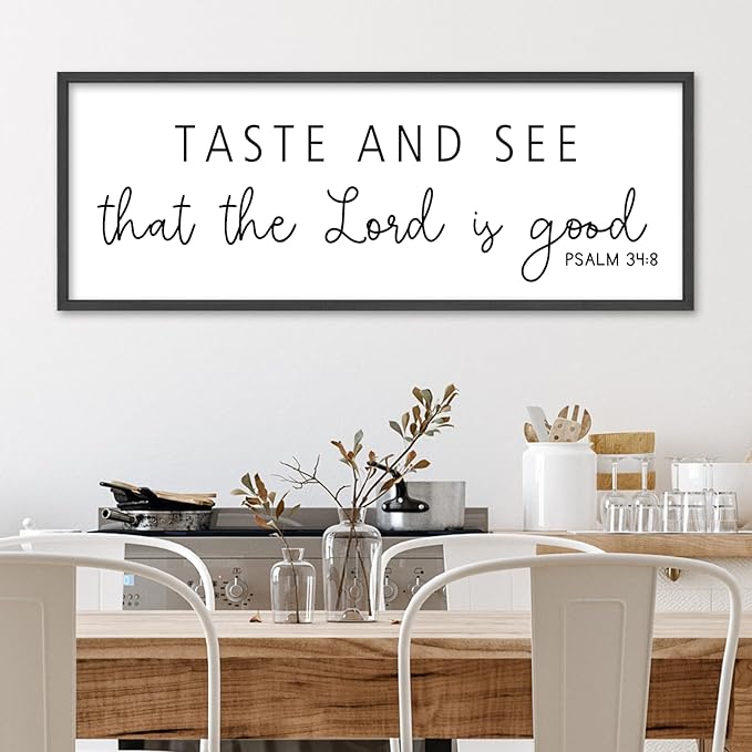 Oh Taste And See That The Lord Is Good Wall Decor 32"×12" Psalm 34:8 Bible Verse Scripture Sign Large Christian Dining Room Wall Hanging Art (Black)