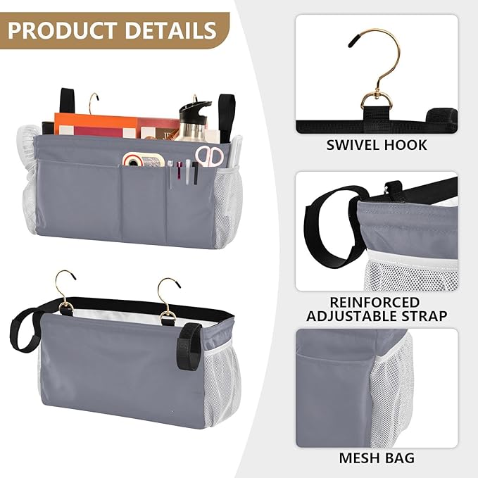 DOMIKING Grey Bedside Caddy for Dorm Bed Recliner Armrest Organizer with Hooks Haning Holder for Phone Magazine Tablet