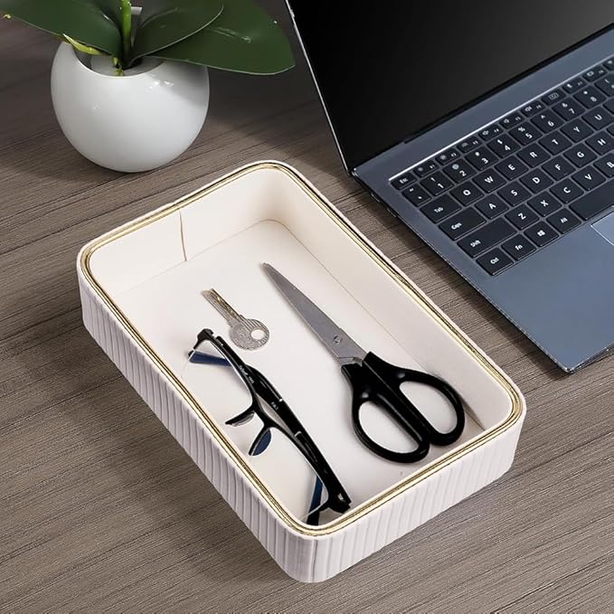 Beebeecraft Imitation Leather Desk Organizer Tray Floral White Small Nightstand Organizer Bedside Desktop Storage for Women Men Perfume Trinket Catchall Vanity Tray for Key Watch Wallet
