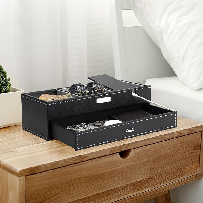 Baoyun Mens Valet Tray, Nightstand Organizers for Men, Leather Jewelry Storage Box Bedside Table Organizer EDC Catch All for Jewelry Key Wallet and Phone