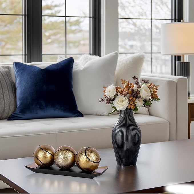 LCCCK Decorative Tray with Balls Set, Black Gold Decor Orbs TV Stand, Coffee Table Centerpiece, Elegant Orbs Decorative Balls for Dining Kitchen Console Fireplace Decor Centro De Mesa De Comedor