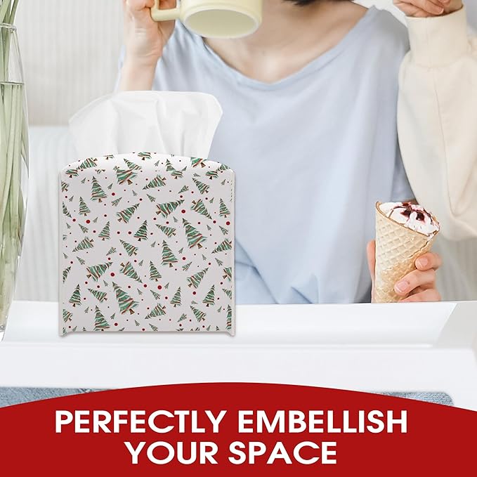 White Christmas Trees Tissue Box Cover Holder, Christmas Leather Tissue Box Cover Square, Xmas Gift Ideas for Family Friends, Bathroom Kitchen Car Office Home Table Decor(5.2 Inches)-B10