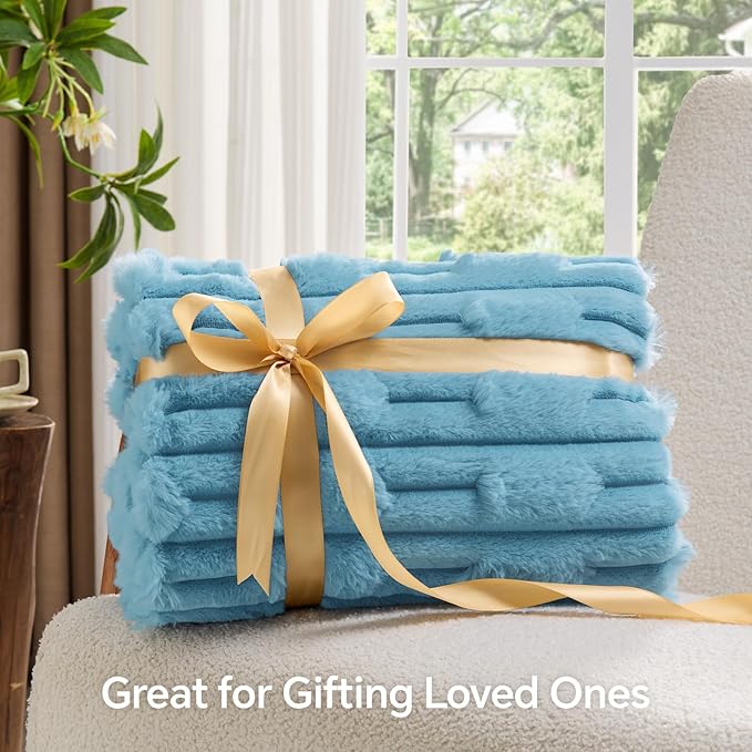 BEDELITE Faux Fur Twin Blanket for Couch - Super Soft & Cozy Plush Striped Blanket for Sofa and Room Decor, Luxury Fluffy All-Season Blankets Gift for Women, Men, Mom, Dad, 60x80 inch, Light Blue